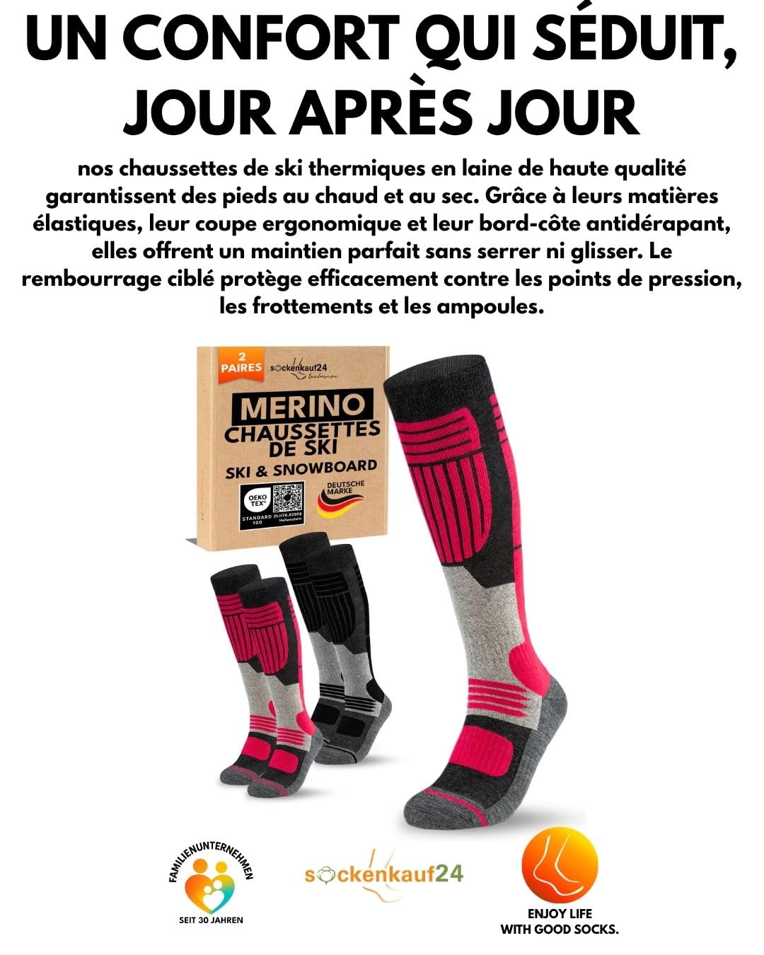 sockenkauf24 Chaussettes de Ski Femme Laine Merinos 2 Paires