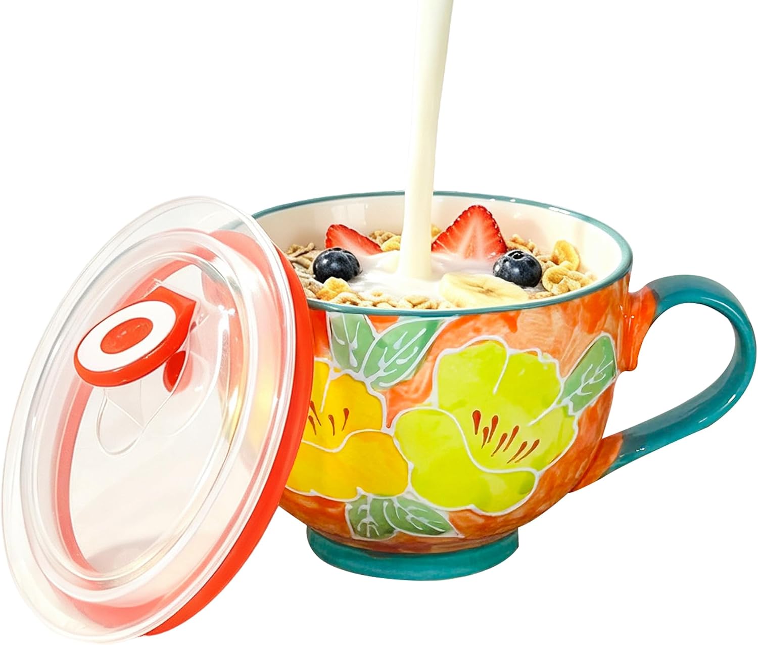 Ceramic Cereal Bowl with Lid,17oz Microwavable Cereal Mug Handle, Handpainted Flower Relief Line Cereal Soup Bowl for Noodles, Oatmeal, Salad, Soup Container for Leftover Storage, Dishwasher safe