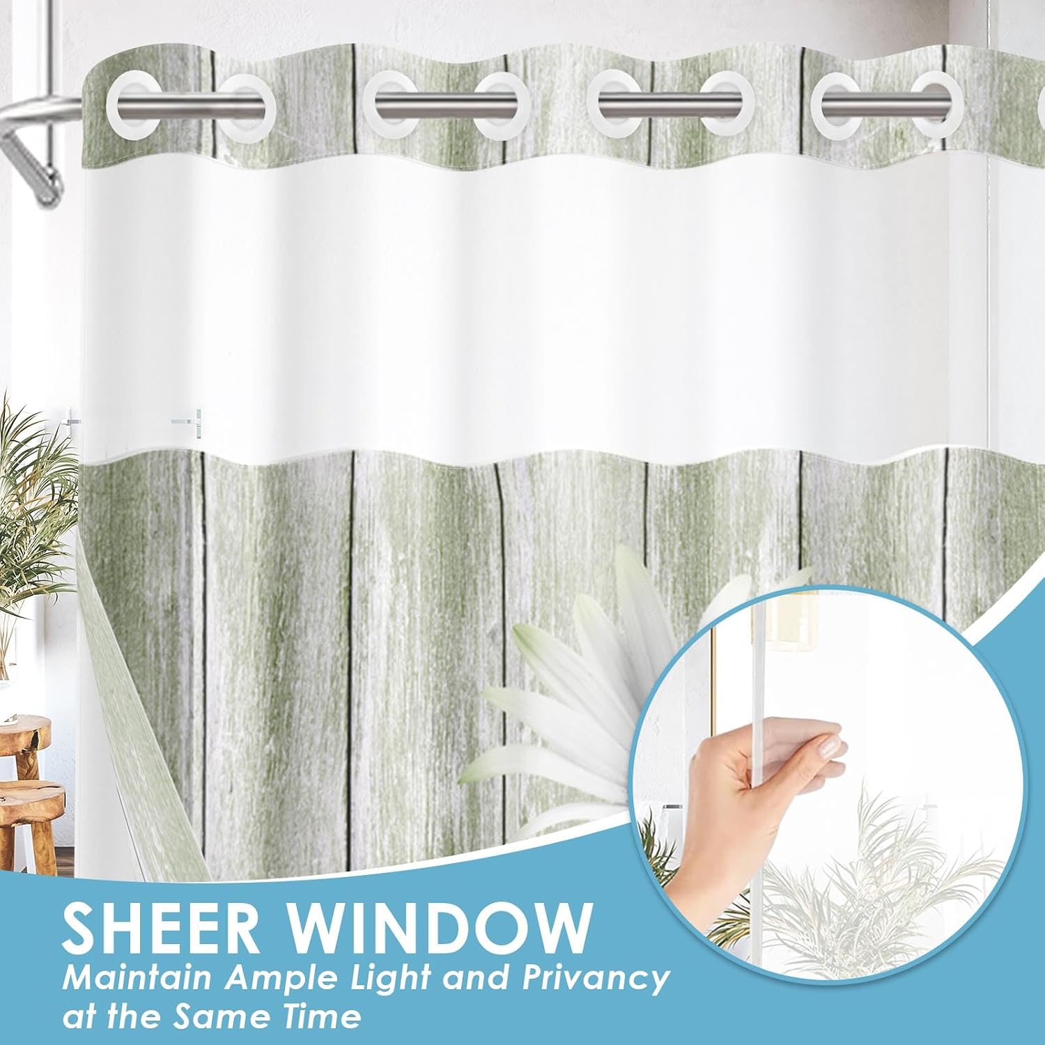 No Hook Shower Curtain with Snap in Liner 71x74 Inch Green Daisy image 4