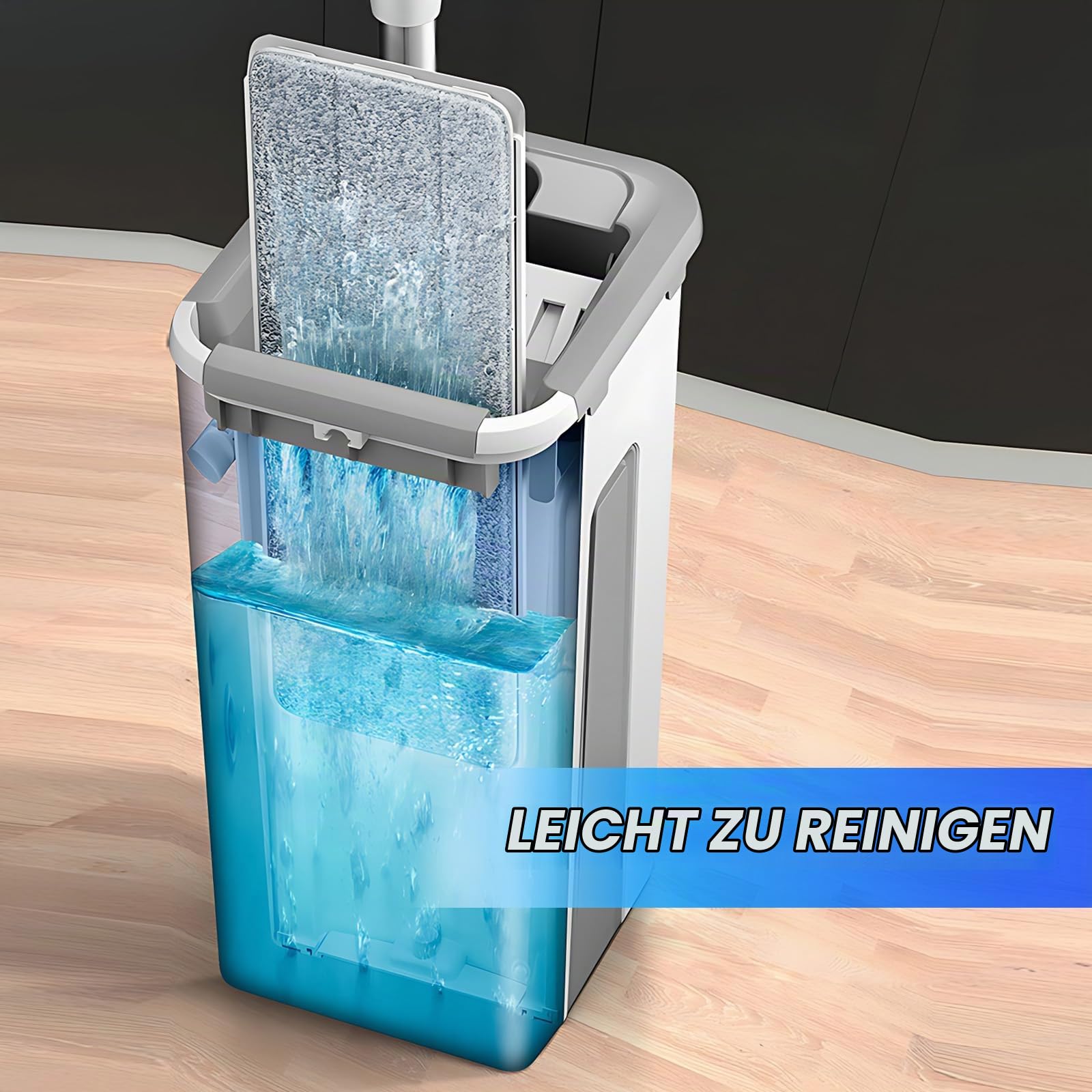 Hsyan Wischmopp und Eimer mit Auswringer-Set, freihändiger Flacher Bodenwischer und Eimer, mit 4 waschbaren Mikrofaser-Pads, Nass- und Trockengebrauch, Bodenreinigungssystem