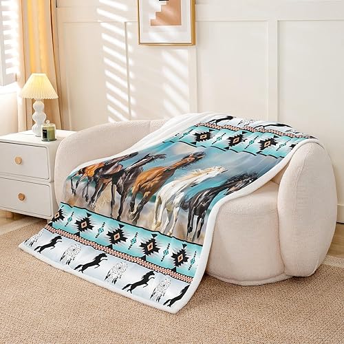 Miniatura 3 de Manta azteca con estampado de caballos tribales africanos, manta de forro polar de animales de granja, manta de atrapasueños de tribu étnica, 90 x
