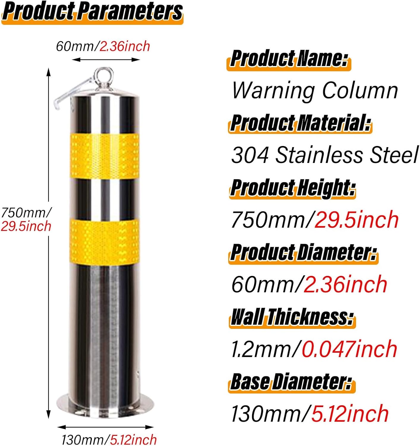Durable Stainless Steel Parking Bollards with Reflective Strips - 2pcs Traffic Safety Posts for Parking Lots & Garages (60cm x 750cm x 1.2cm)
