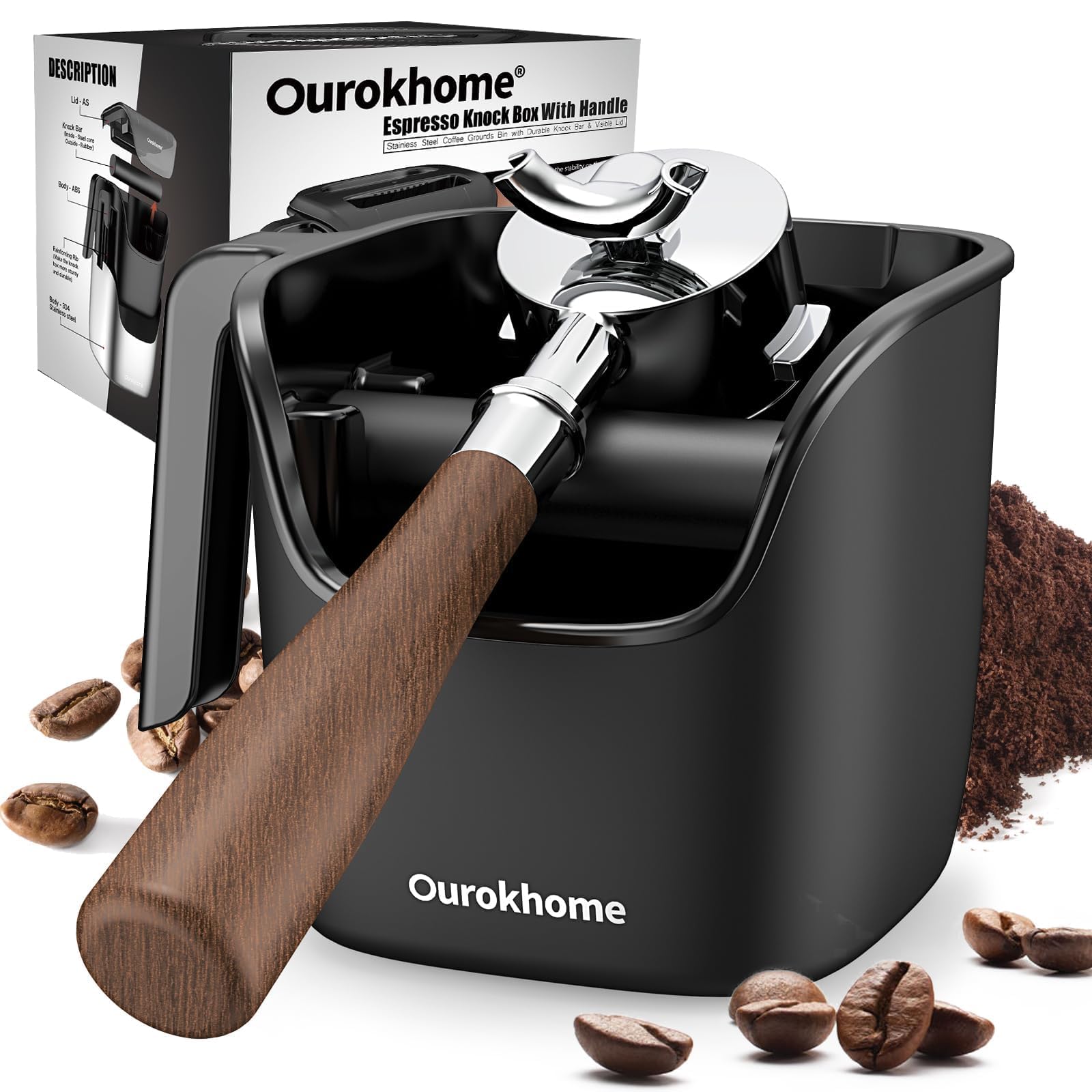 Ourokhome Espresso-Klopfbox mit Deckel, kompakter Kaffeesatzbehälter für Zuhause, Kaffeebar, abnehmbare Klopfstange, Außenseite aus 304 Edelstahl, rutschfester Boden und Griff, leicht zu reinigen