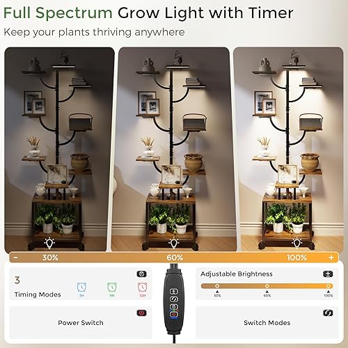 Miniatura 5 de Soporte para plantas de 9 niveles con ruedas, estante alto de metal y madera para plantas de interior con diseño de árbol, estante rodante para