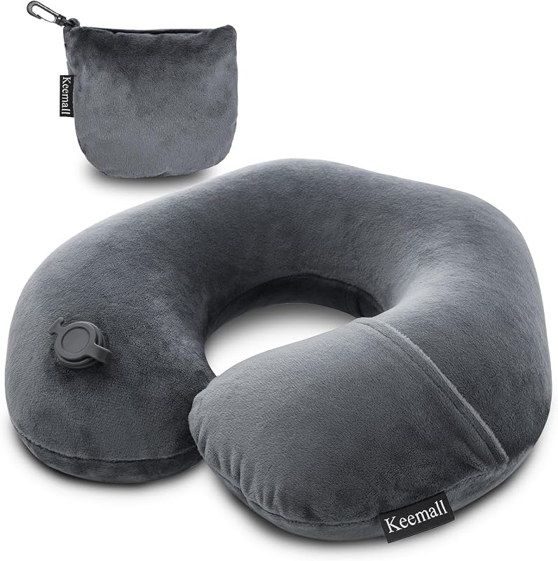 Keemall Almohada inflable para el cuello de viaje, soporte cervical para avión y automóvil | Reposacabezas con cojín para el cuello plegable, supersuave y portátil, soporte ajustable para siestas en avión, tren y oficina para ayudar a aliviar el dolor de cuello