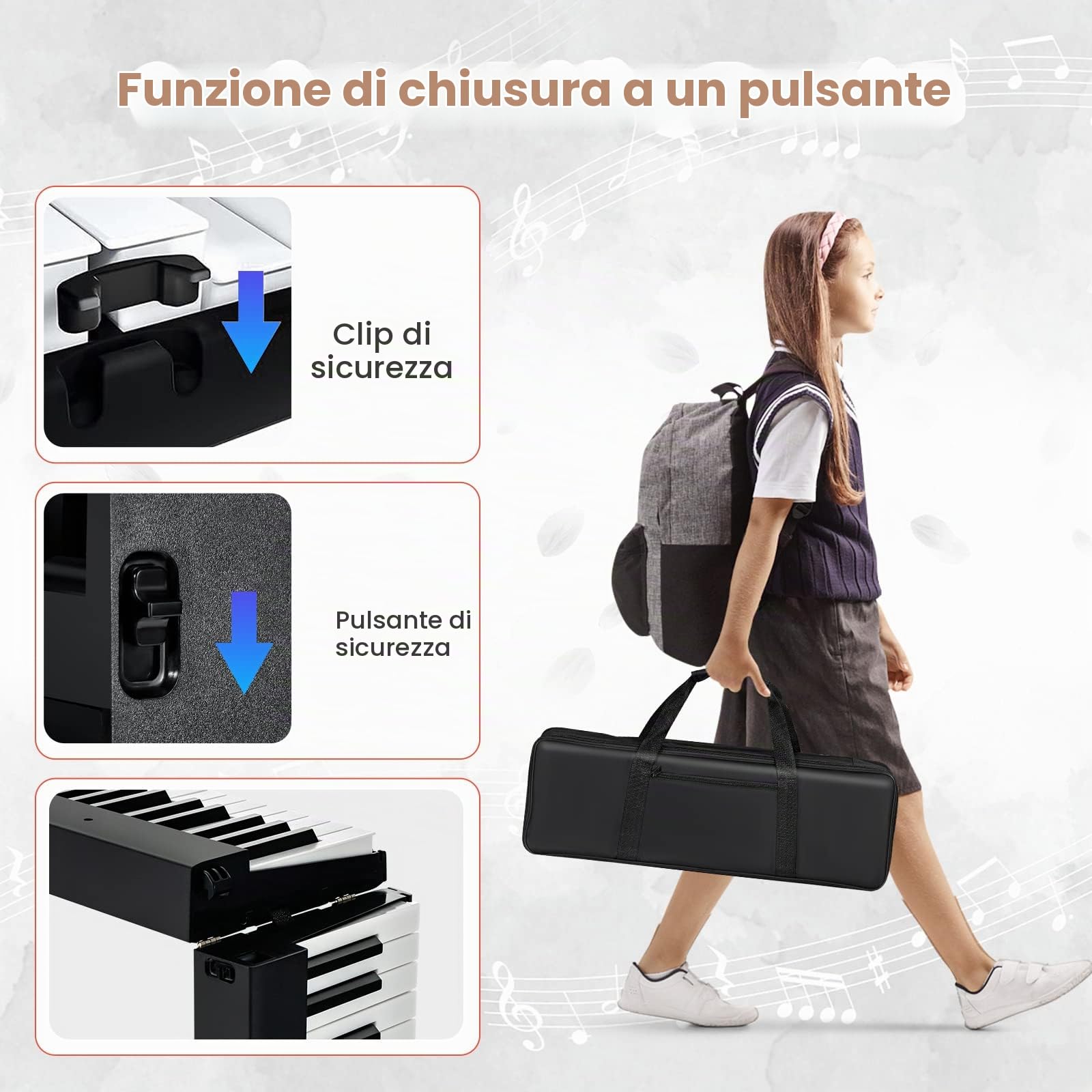 RELAX4LIFE Pianoforte Digitale 88 Tasti Semi-Pesati Pieghevole e Portabile con Custodia, Leggio, Sustain Pedali, Modalità di Insegnamento,MP3/USB/MIDI/Bluetooth, Nero