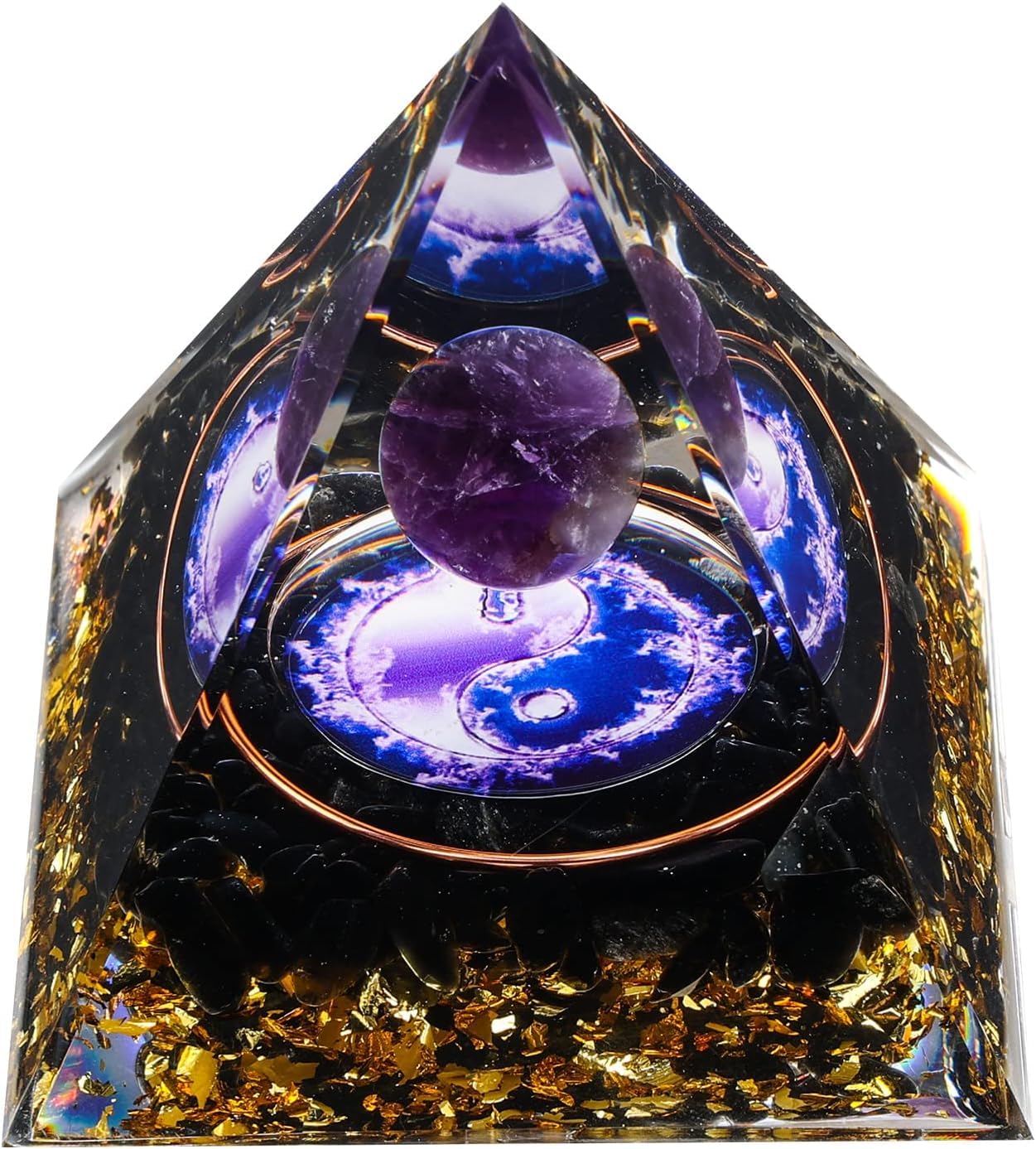CHJGLNL Orgone Pyramid for Positive Energy, Amethyst Crystal Ball Orgonite Pyramid, Protection Crystals Energy Generator for Stress Reduce Healing Meditation Attract Wealth Lucky (Tai Chi)