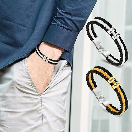 Miniatura 5 de Pulseras de cuero personalizadas para hombre con 1-6 nombres pulsera trenzada personalizada con cuentas para papá marido día del padre San Valentín