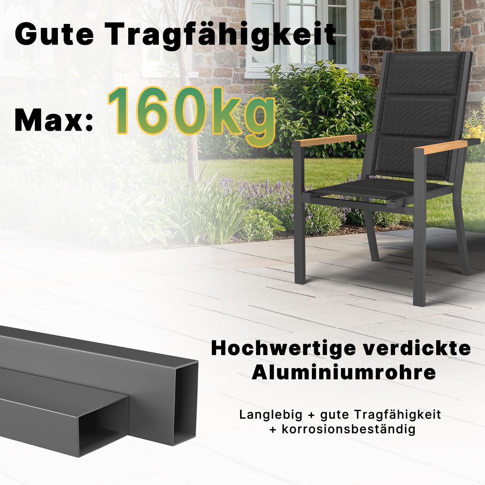 TRIUMPHKEY Gartenstuhl aus wetterfestem mit Holzkorn Handlauf, Aluminium Outdoor Garten Stapelstühle mit Baumwollsitz für Balkon, Terrasse, Garten - Set aus 2 Stück, DunkelGrau