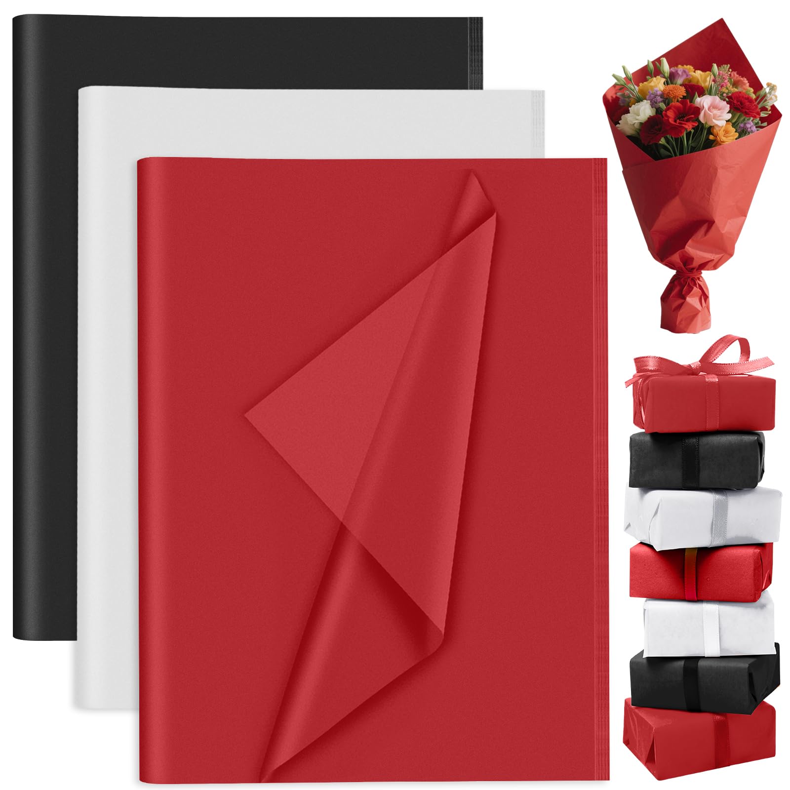 60 Sheets Red Black White Tissue Paper Wrap Paper Bulk for Gift Bags, PLULON Gift Wrapping 35x50cm for Packaging Small Gift Bag Box Art Crafts Grad Birthday Wedding Mermaid Party Favor Decor — image 1
