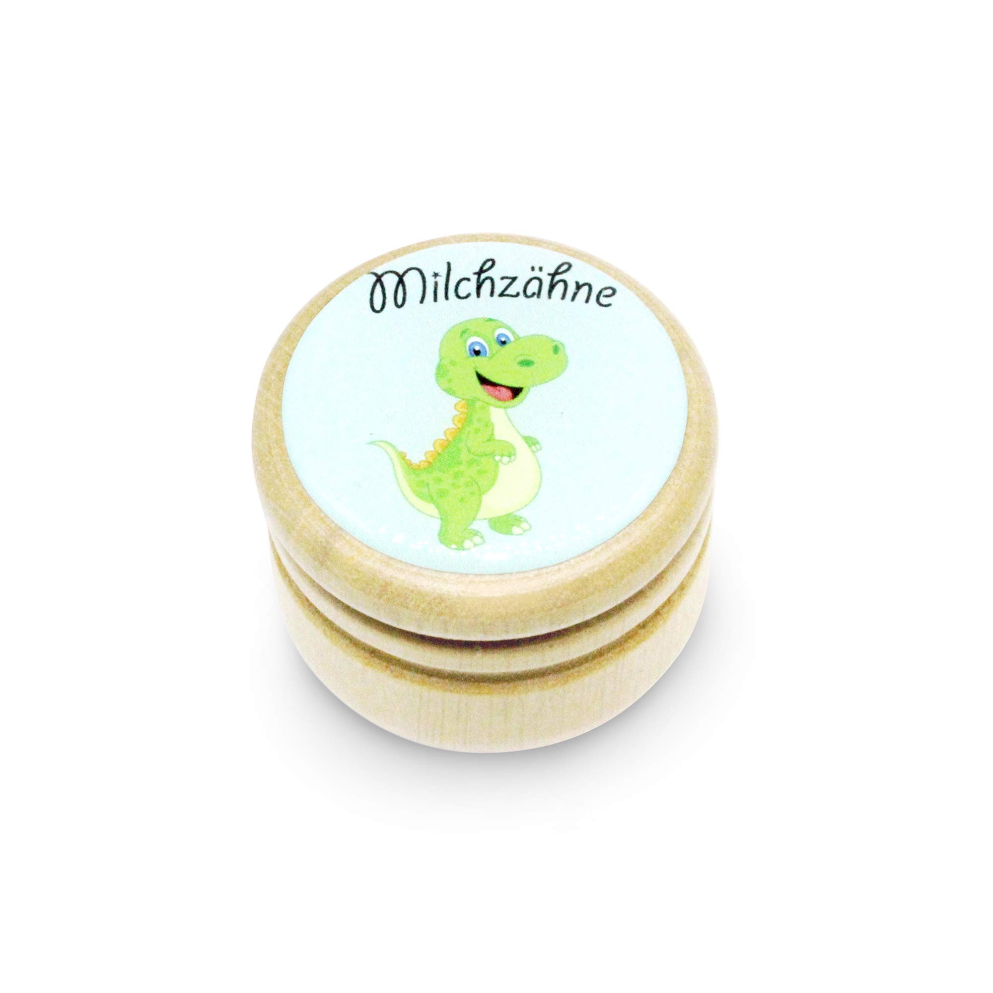 Wooden Milk Tooth Box with Screw Cap in Various Designs for Boys and Girls with Screw Cap 44 mm (DINO) Made in EU-7014