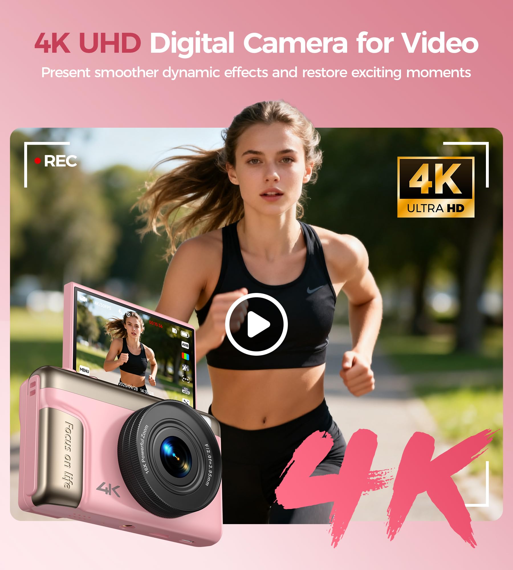 Appareil Photo Numérique 4K Digital: 64MP Appareil Photo Compact pour Vidéo avec Écran 3" Abattable 180° Digital Camera Zoom 16X pour Enfants Débutants Adultes Étudiants Rose(Carte SD Non Fournie)