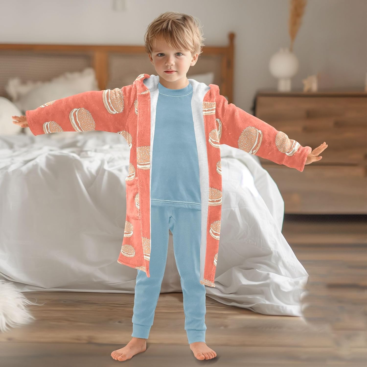Hamburger Orange Pattern Toddler Hooded Bathrobe for Boys Girls Soft Plush Bath Towel Robe 2-12 Years
