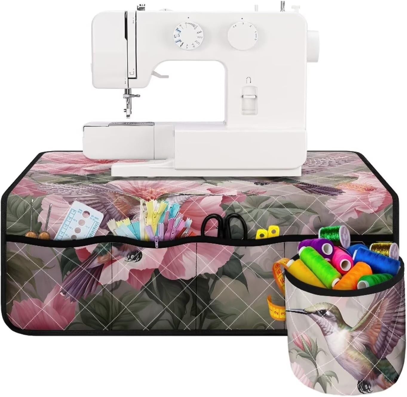 Hummingbirds Flower Foldable Sewing Machine Pad for Table with Extra Removable Storage Pockets Scratch-Proof Overlocker Serger Scrap Trim Catcher and Pad for Home Decor