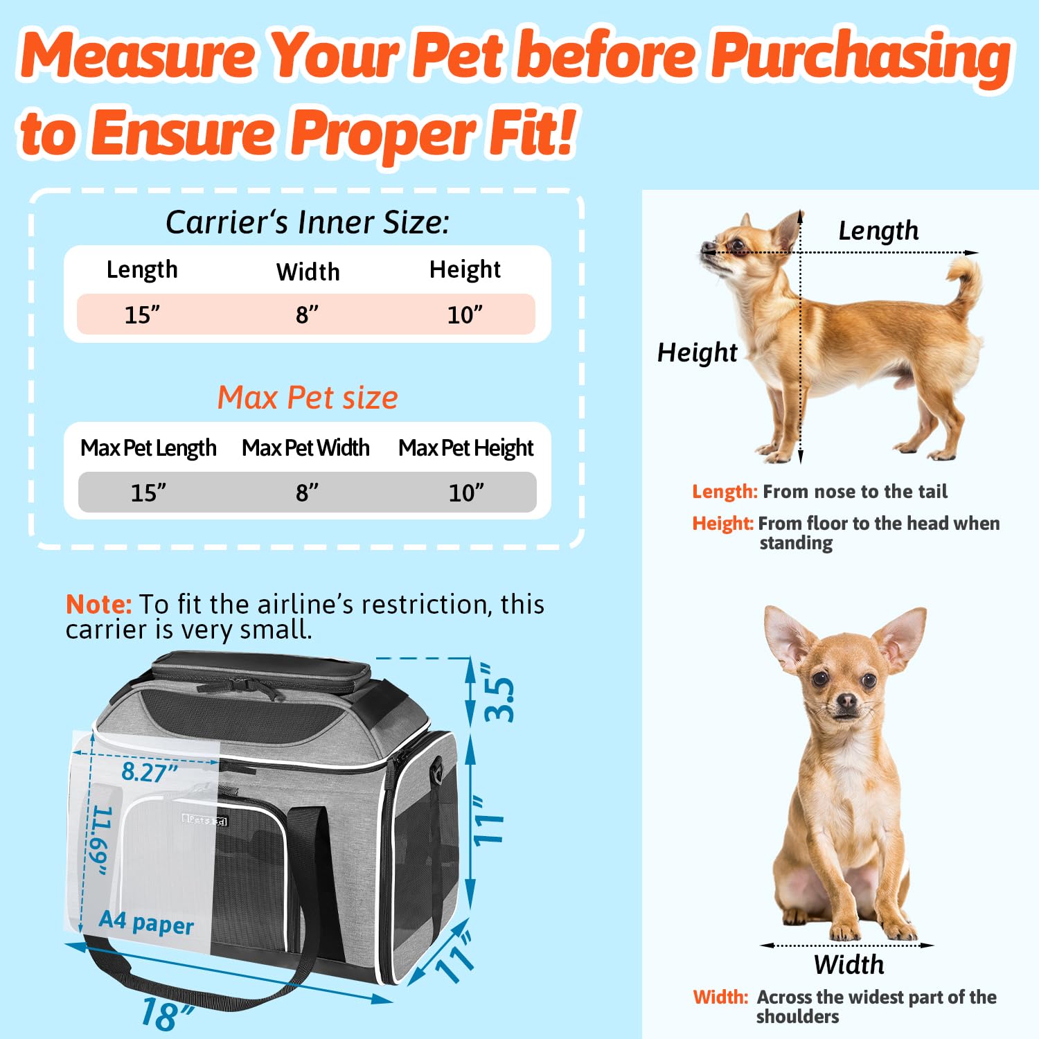 Petskd Top-Expandable Pet Carrier 18x11x11 Inches Delta American United Airline Approved, Soft-Sided Carrier for Small Cats and Dogs with Locking Safety Zippers and Anti-Scratch Mesh(Grey) - image 3