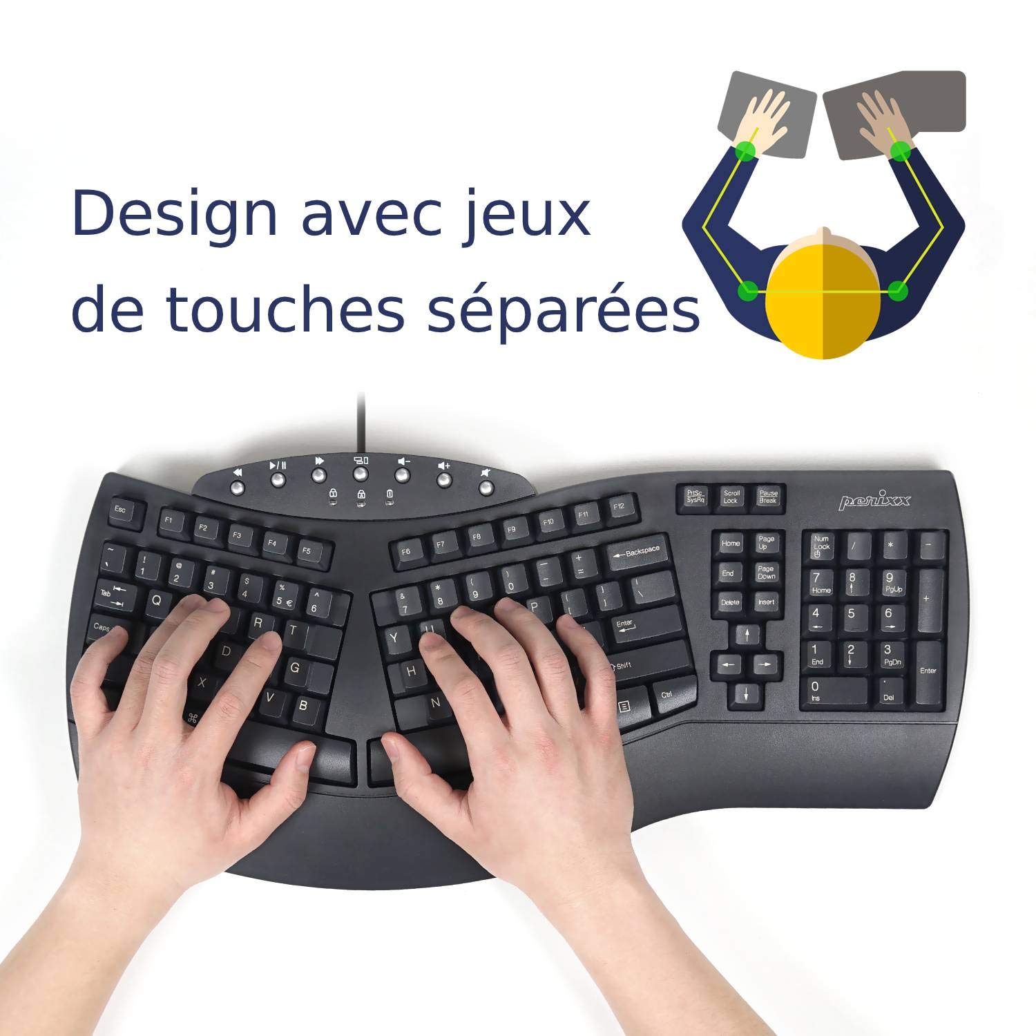 Perixx PERIBOARD-512, Grand Clavier Ergonomique Filaire USB pour Windows – Noir, AZERTY