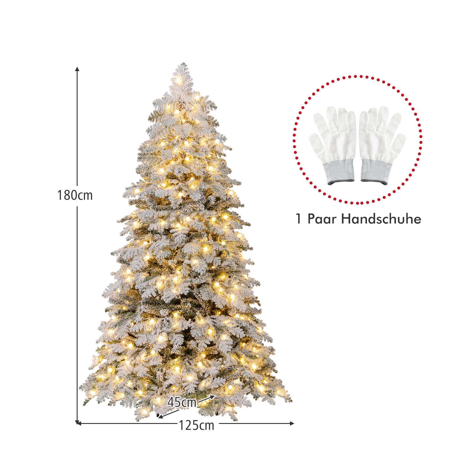 GYMAX Künstlicher Weihnachtsbaum, Schnee-Tannenbaum mit 260/320 warmweißen LED-Lichtern, 130/160 Kugellichtern & 8 Modi, LED Christbaum für Innenhöfe, Veranden & Gärten (180 cm)