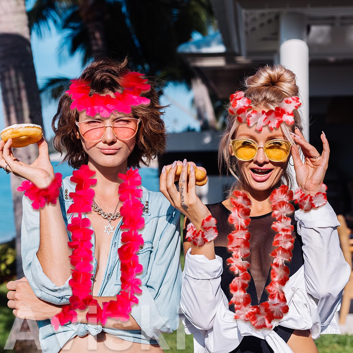 144 Piezas de Leis Hawaianas para Decoración de Fiestas, Collares de Flores, Pulseras y Diademas, para Fiestas Tropicales, Fiestas en la Playa, Noches Hawaianas, Bares y Vacaciones Playeras