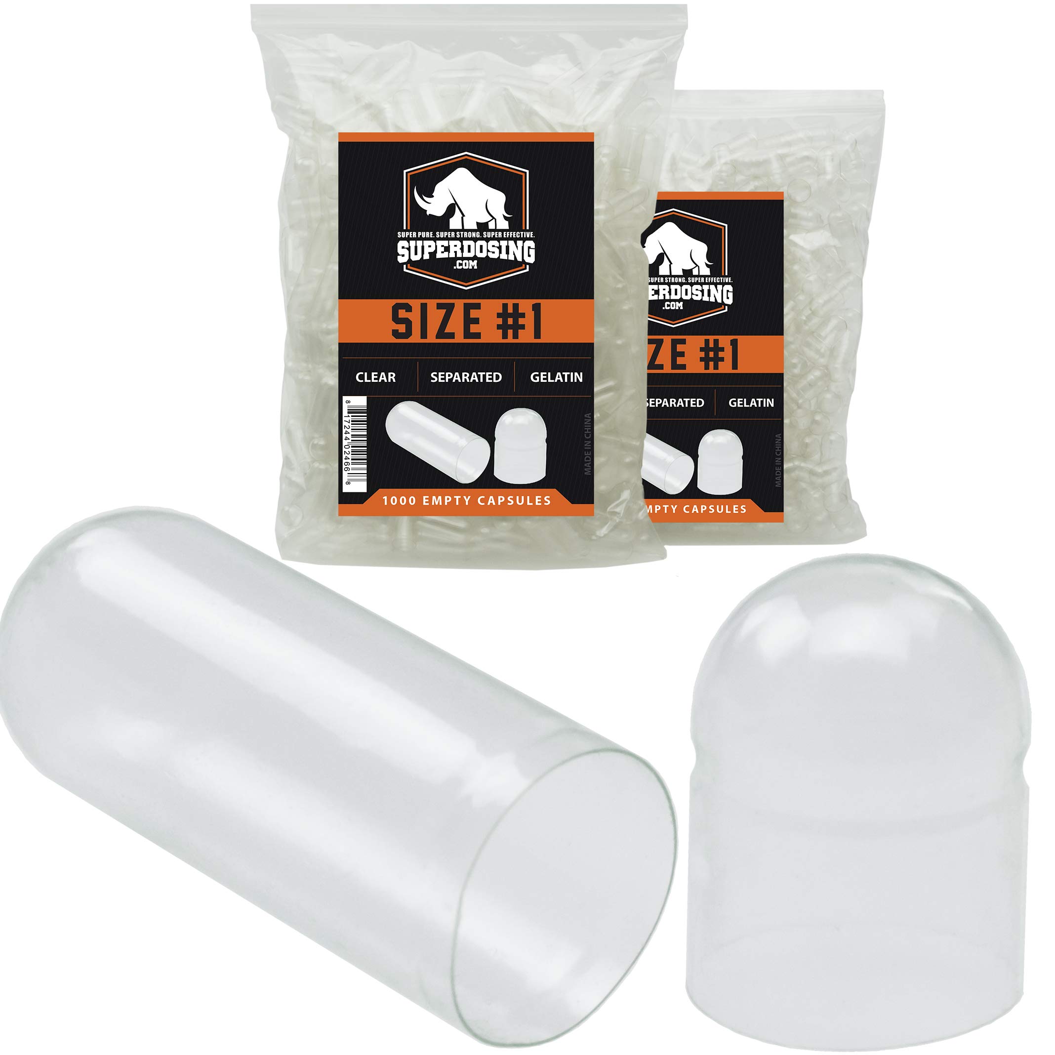 Pharma-Grade, Pre-Separated Size 1 Capsules 1000 Bulk Gel Pack Many Sizes/Amounts Available. In Resealable Bag. Flavorless and Gluten-Free. Clear Locking Gelatin Caps for Custom Vitamins or Nootropics
