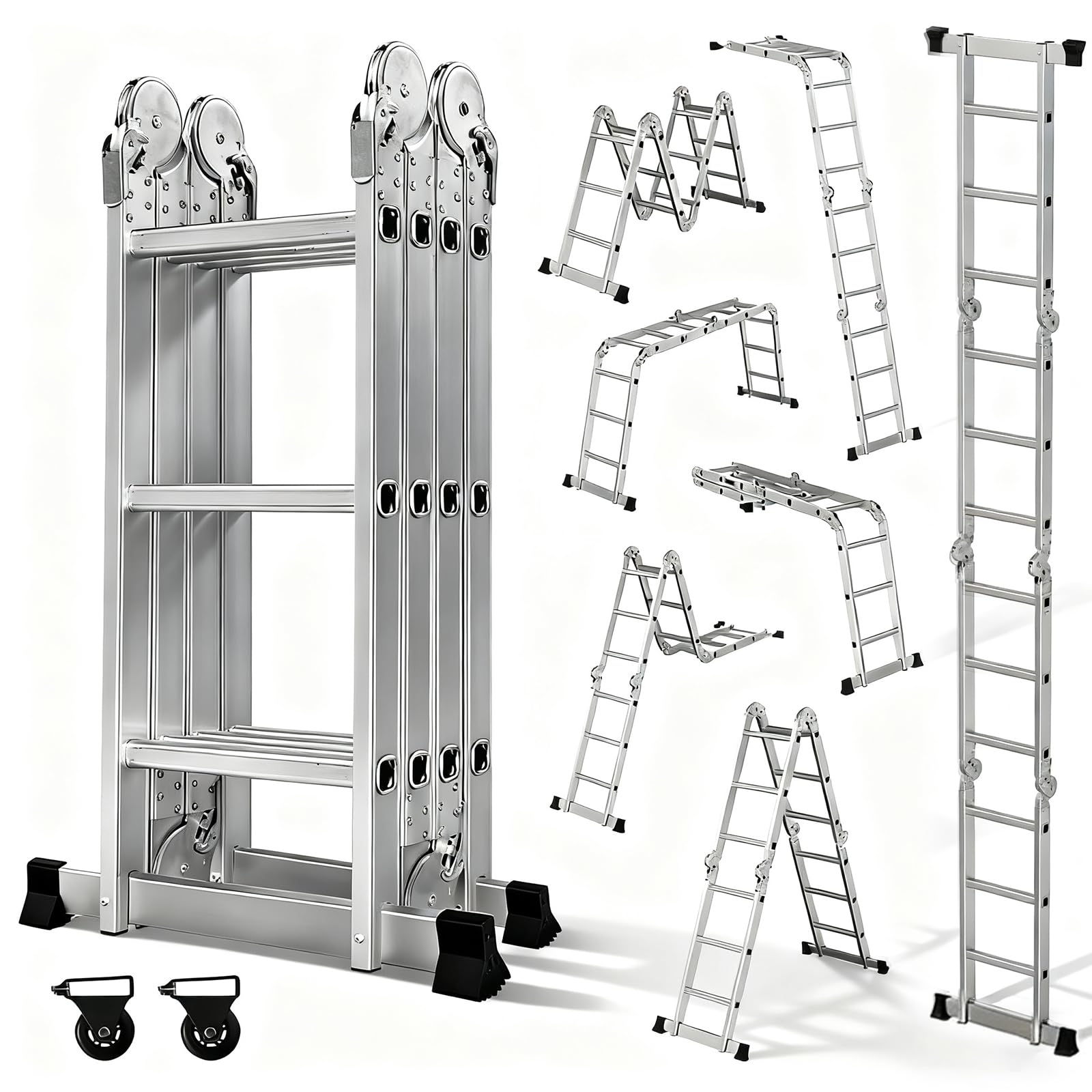 OUTIGO Escalera Multiusos 4x3, 7 en 1, 12 peldaños, Plegable, de Aluminio, con 2 Ruedas, para Uso doméstico, Carga máxima 150 kg