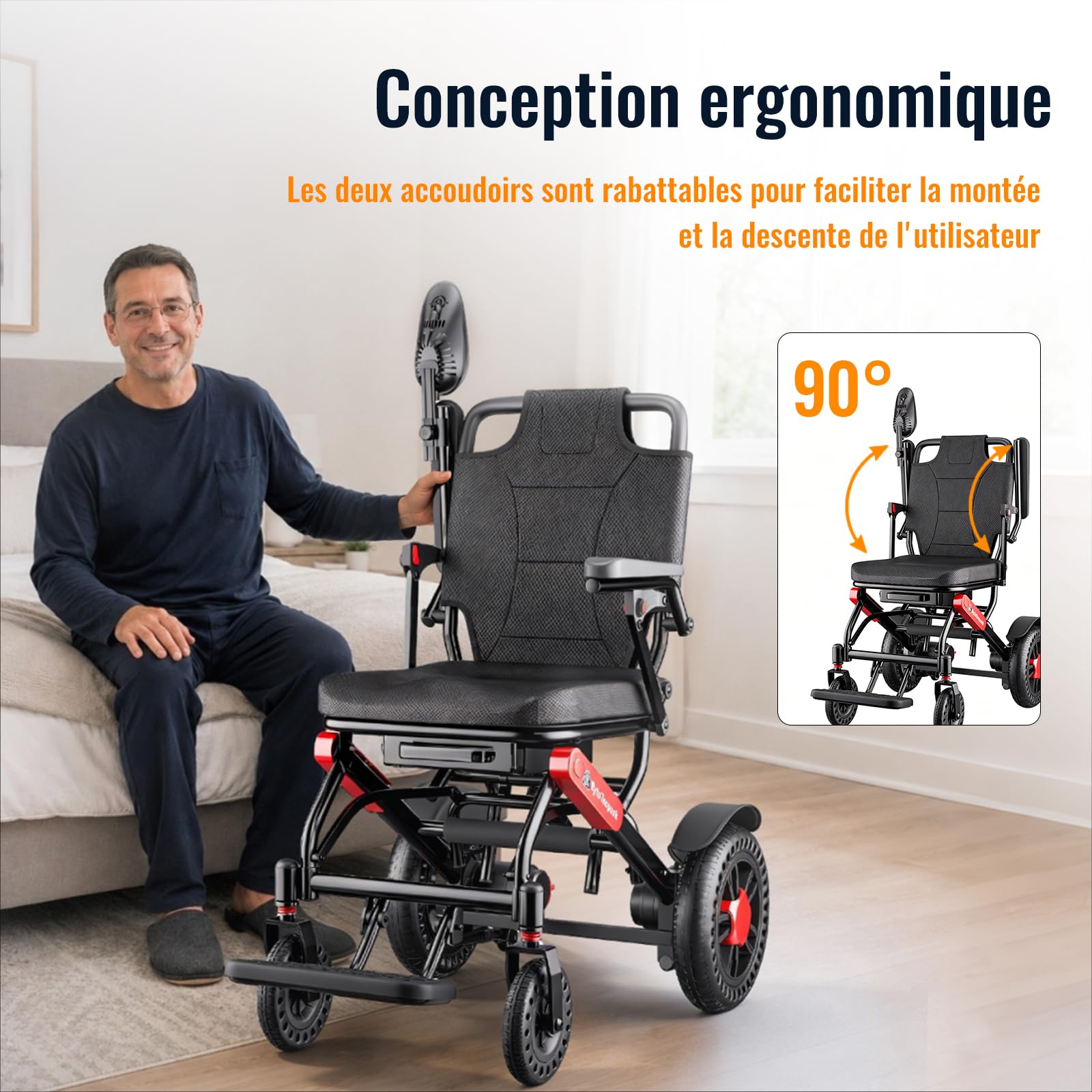 Fauteuil Roulant Électrique Pliable 21kg - Autonomie 25km (Rouge-noir) | 12Ah battery,4-6h fast charge,500W motor,electromagnetic brake,anti-tip,ergonomic seat,manual/electric mode,150kg capacity