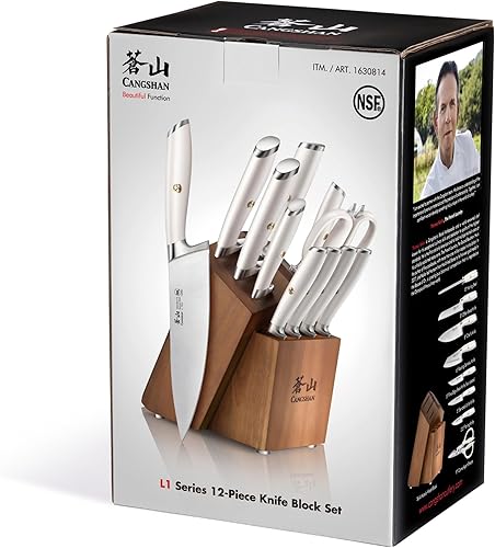 Miniatura 9 de Cangshan Juego de bloques de cuchillos serie L, acero alemán forjado (12 piezas, 4 cuchillos para carne, blanco)