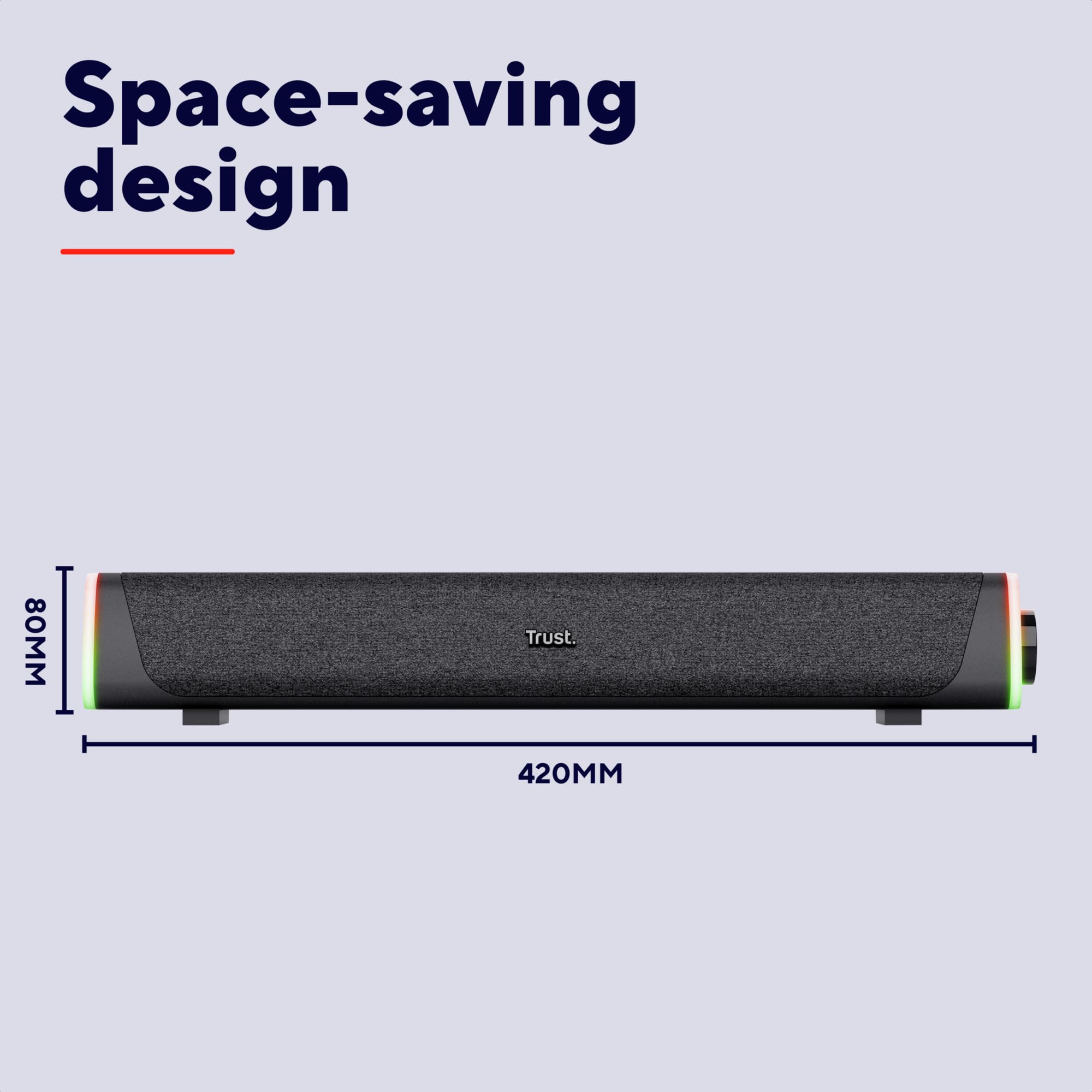 Trust Liro Soundbar do Komputera i Laptopa, Kompaktowy Głośnik Stereo LED RGB Zasilany przez USB, Moc Szczytowa 12W, Połączenie Audio Jack 3,5 mm, Podświetlane Głośniki PC, Czarny