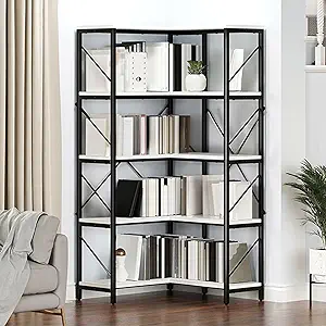 DWVO Corner Bookshelf, 5-Tier L-Shaped Bookshelf Storage Organizer, Tall Corner Bookcase Open Display Freestanding Storage Rack for Living Room, Home Office, White