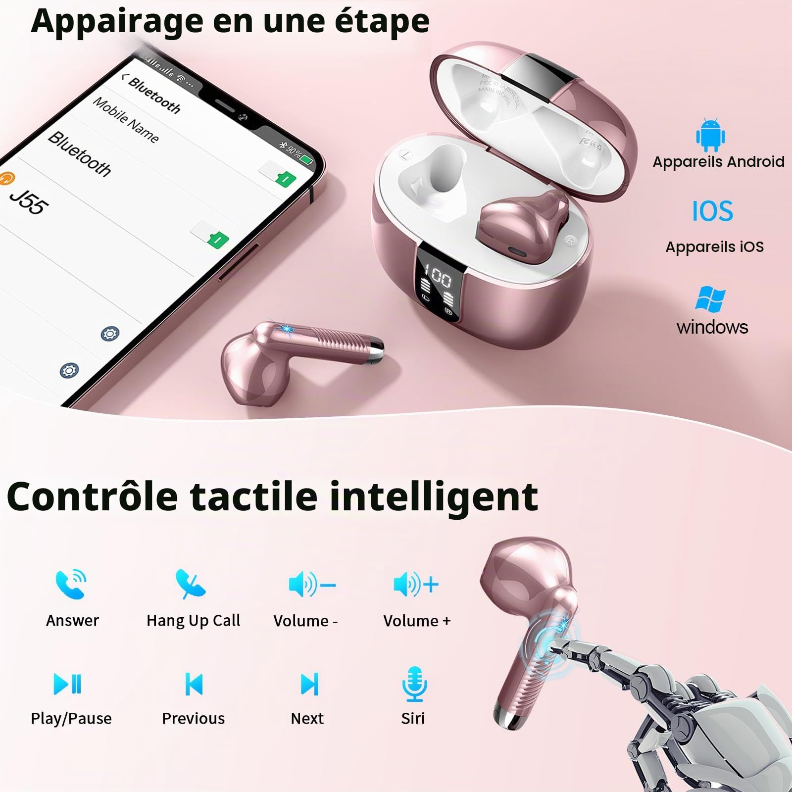 Ecouteurs Bluetooth sans Fil, Écouteurs Bluetooth 5.4 avec HiFi Stéréo Basses Casque, 30H Récréation, 4 ENC Réduction de Bruit Mic, Oreillette Bluetooth Sport IP7 Étanche, Écran LED, pour iOS Android