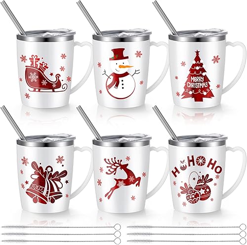6 tazas de café aisladas de Navidad de 12 onzas, vaso de regalo de Navidad de acero inoxidable con tapa de asa, cepillos para pajilla, taza de