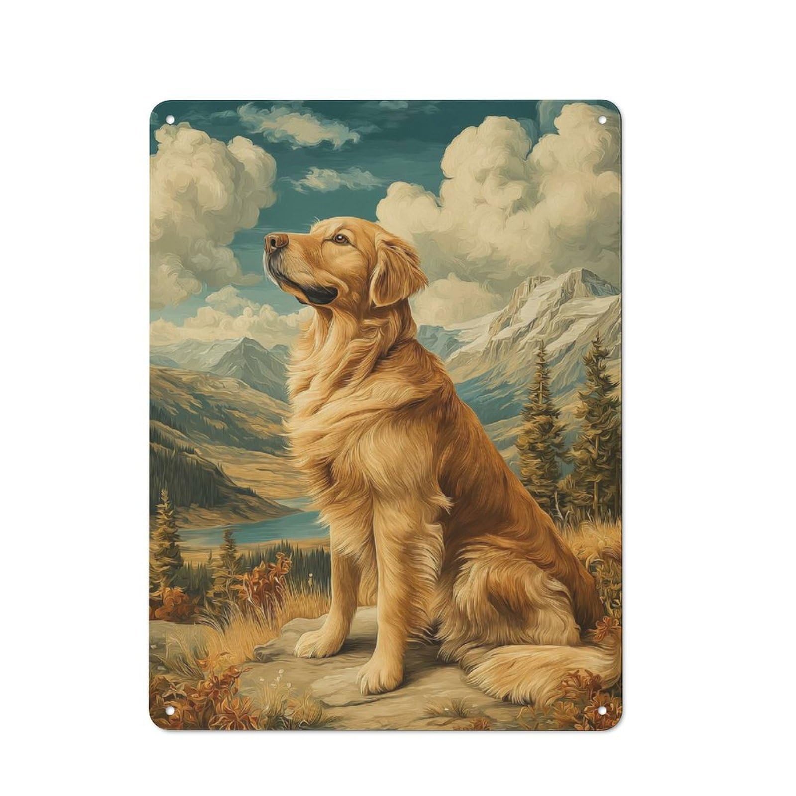 Junmoney Style-24 Industrial Tin Wall Sign 40X30cm Featuring Golden Retriever In Mountain Landscape, Urban Room Decor For Workspace, Cafe, Hallway Or Garage
