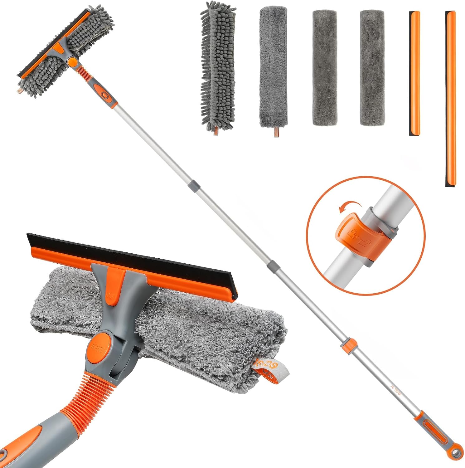 eazer 2-in-1 window cleaner tool, 64'' window squeegee for home, window cleaning squeegee kit with telescopic pole, window washing kit with rotatable bendable head(threaded + telescopic) eaw01