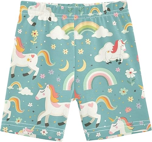 Cute Cartoon Unicorn Green Cartwheel Shorts for Girls Bike Shorts Breathable Under Dress Biker Short