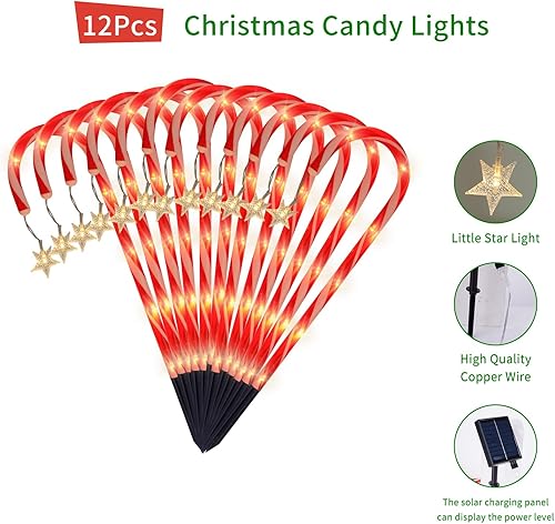 Miniatura 5 de Paquete de 12 luces de Navidad para caminos al aire libre, 8 modos de luces solares de bastón de caramelo con estrella, luces de estaca de Navidad