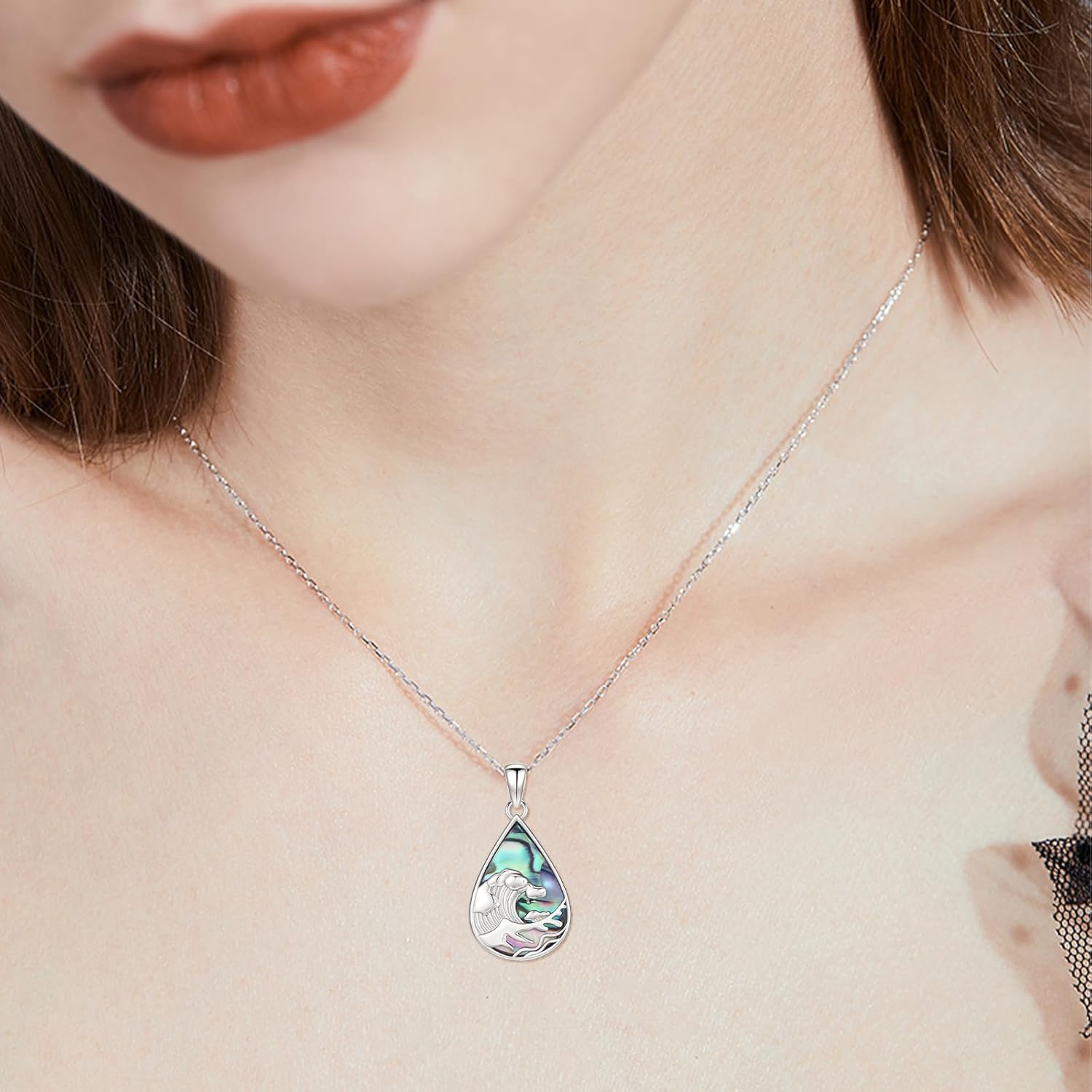 TANGPOET Wave Necklace for Women 925 Sterling Silver Sea Wave Pendant Necklaces Teardrop Abalone Shell Jewelry Ocean Themed Inspriation Gift for Her - Image 3