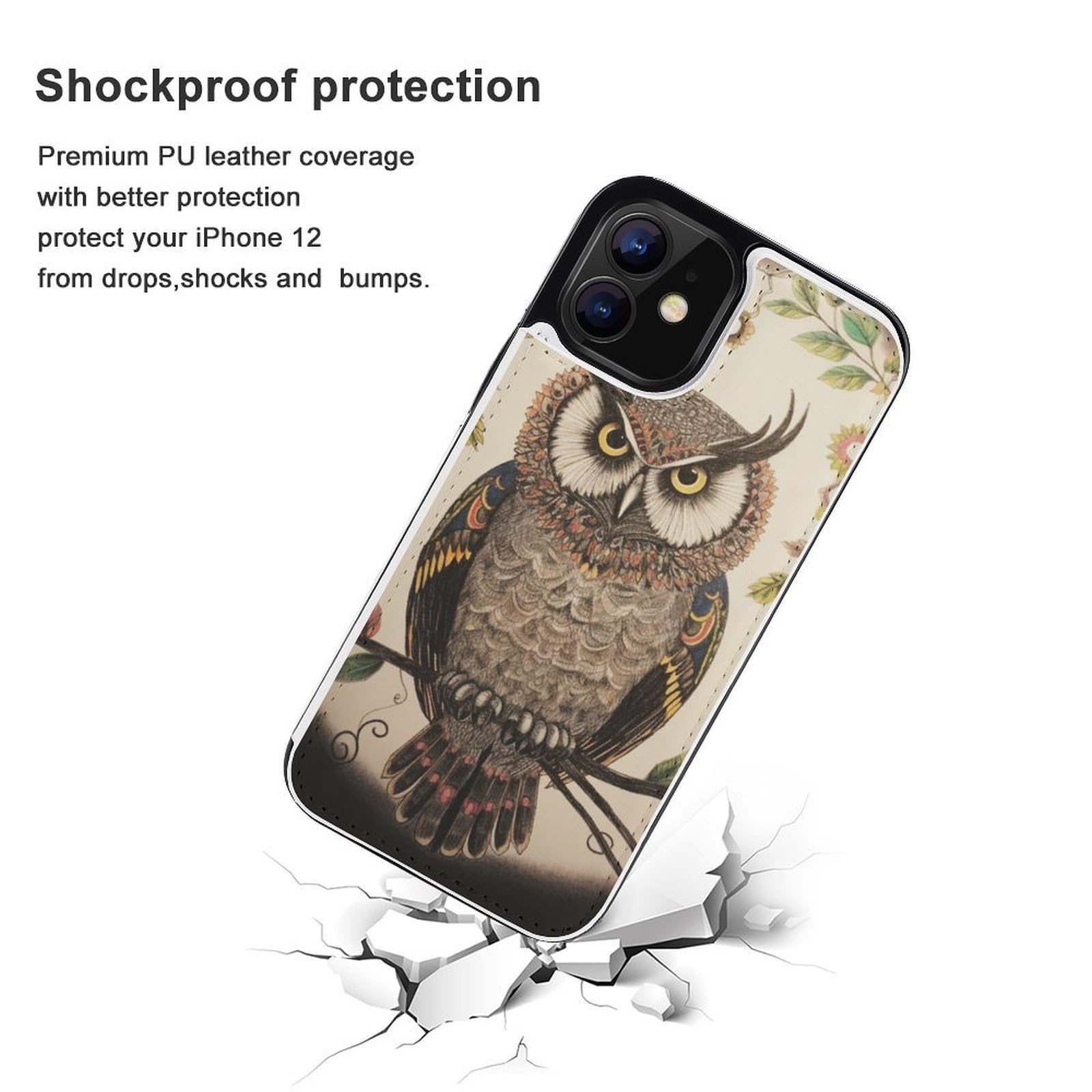 Fundas tipo cartera para iPhone 12, diseño de búho, de piel, con ranuras para tarjetas