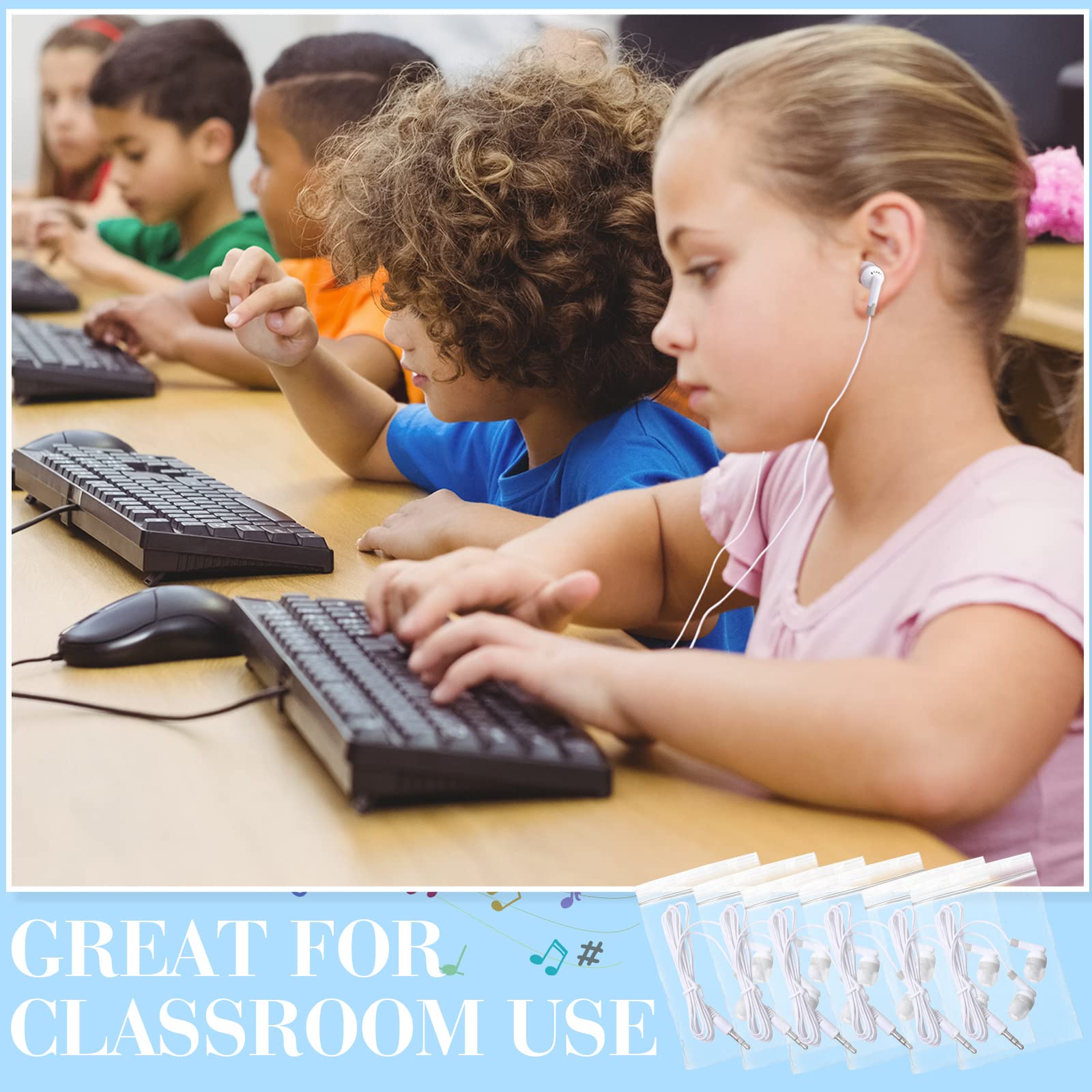 Konohan 100 confezioni di cuffie in-ear cablate auricolari per bambini cuffie per aula cablate auricolari per studenti bambini adulti scuola biblioteca laptop (bianco)