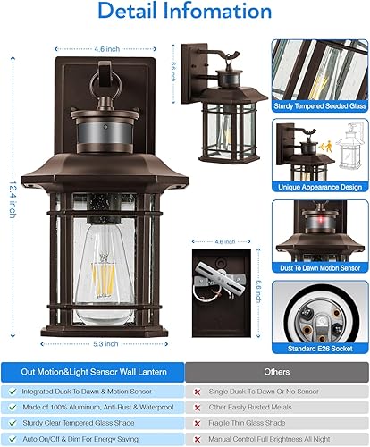 Miniatura 8 de VIANIS Luces de movimiento para exteriores, paquete de 2 accesorios de iluminación exterior del atardecer al amanecer, linterna de luz delantera de