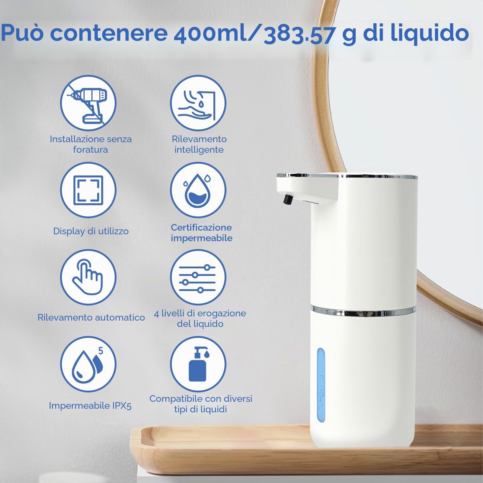 Dispenser Sapone Bagno, 400ml Dispenser Sapone Automatico, Erogatore Sapone Liquido, Senza Contatto, Ricaricabile Tramite Usb, Con 4 Livelli Di Regolazione, Per Bagno, Cucina E Hotel (Nero)