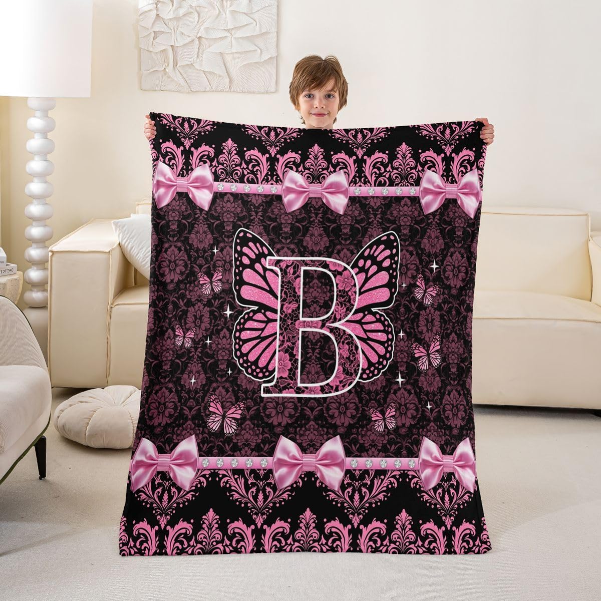 Coquette Aesthetic Butterfly Letter B Flannel Blanket Victorian Damask Pink Bow Fleece Blanket 40"x50" for Boys Girls Teen,Glam Preppy Y2K Initial Monogram Feminine Princess Floral Fuzzy Plush Throw