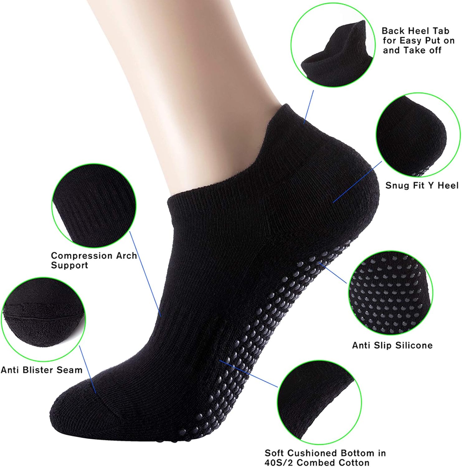 Women's Cushioned Odor Control Compression Knee High/Low Cut Non Slip Gel Grips Yoga Pilate Barre Dance Socks