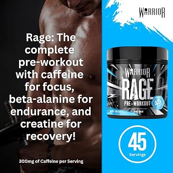 Warrior Rage Pre Workout Powder 392g (45 Servings) – 300mg Caffeine High Stim Energy Drink Supplement + Beta-Alanine, Creatine, BCAA, Taurine, Citrulline & Arginine AAKG for Muscle – Blazin' Blue Raz