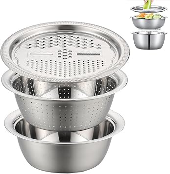 Germany Multifunctional Stainless Steel Basin, Multifunction Stainless Steel Basin with Grater, 3-in-1 Stripping and Drying Basket, with Grater, Strainer, Drain Basket 26cm