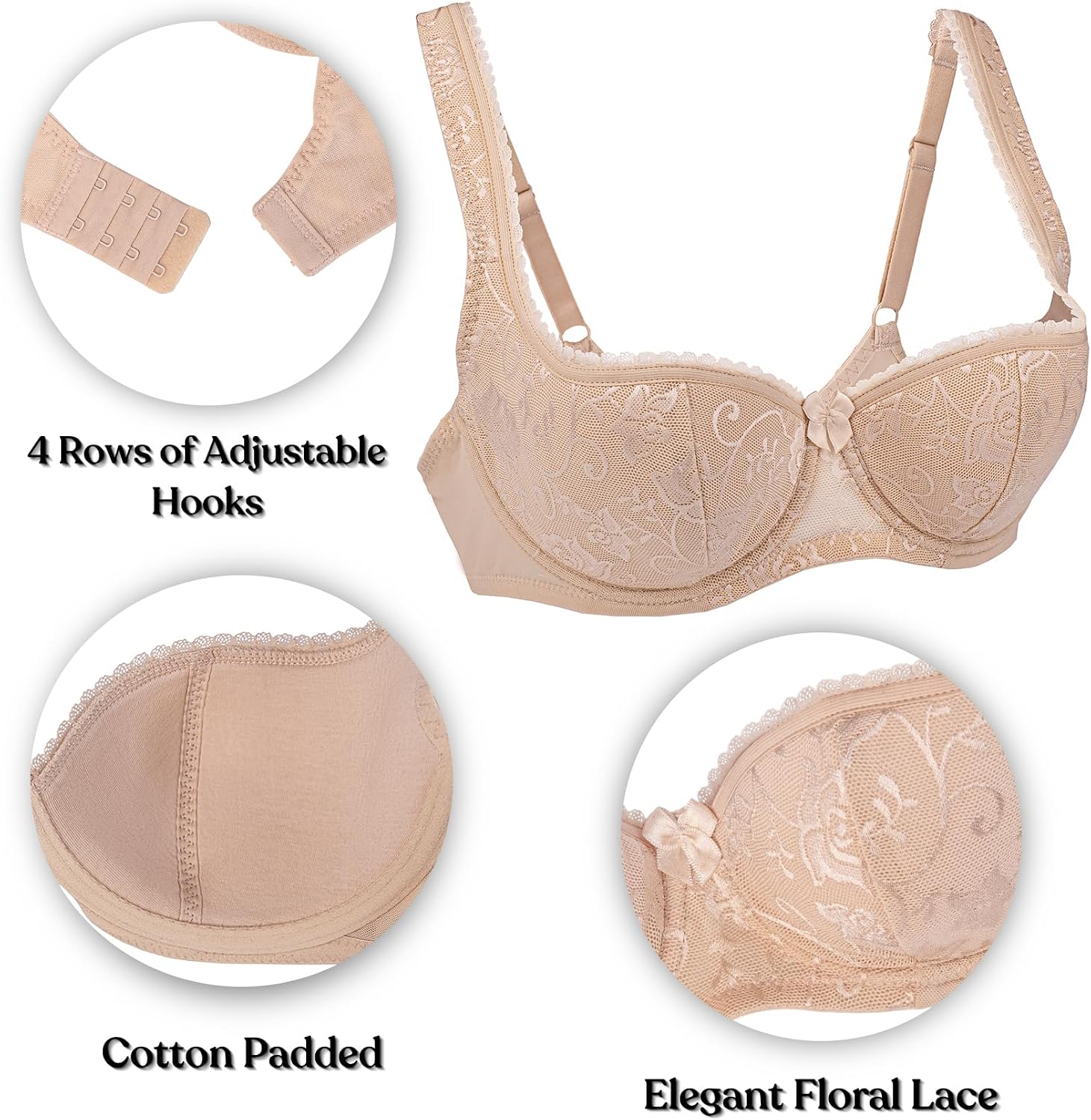 Women's Sexy Balconette Bra Lace Demi Half Cup Lightly Padded Underwire Low Cut Plus Size Bras Wide Straps