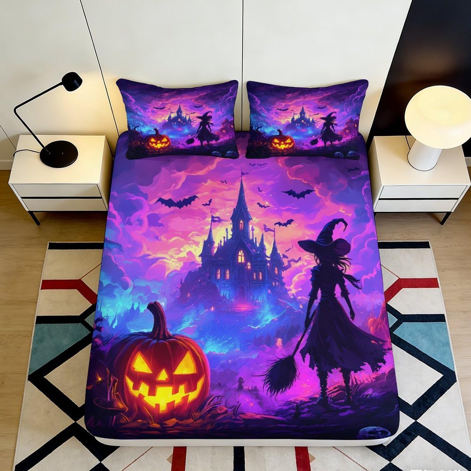 3D Printed Halloween Witch Fitted Sheet Microfiber Soft Pumpkin Castle Bed Cover for Bedroom Dorm Mattress Decor 160x200x25cm