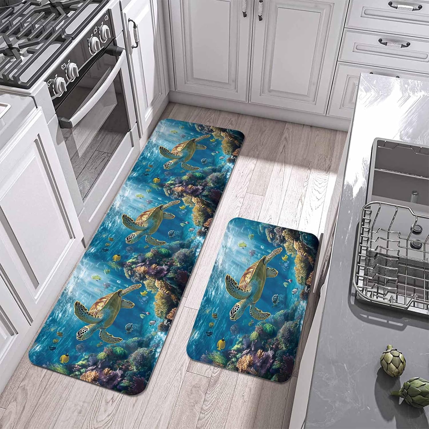 Prime Leader Ocean Tropical Animal Kitchen Mat Set 2 Pieces Abstract Turtle Fish Non Slip Kitchen Rugs Washable Runner Rug Mats for Sink Laundry (23.6" x 35.4"+23.6" x 70.9")