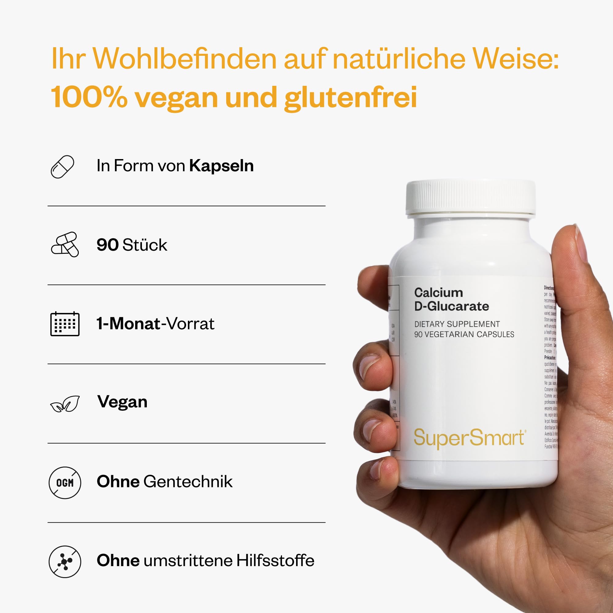 Calcium D-Glucarat - D-Glucarsäure Calciumsalz - Hilft bei der Optimierung der Glukuronidierung - Vegan - Supersmart