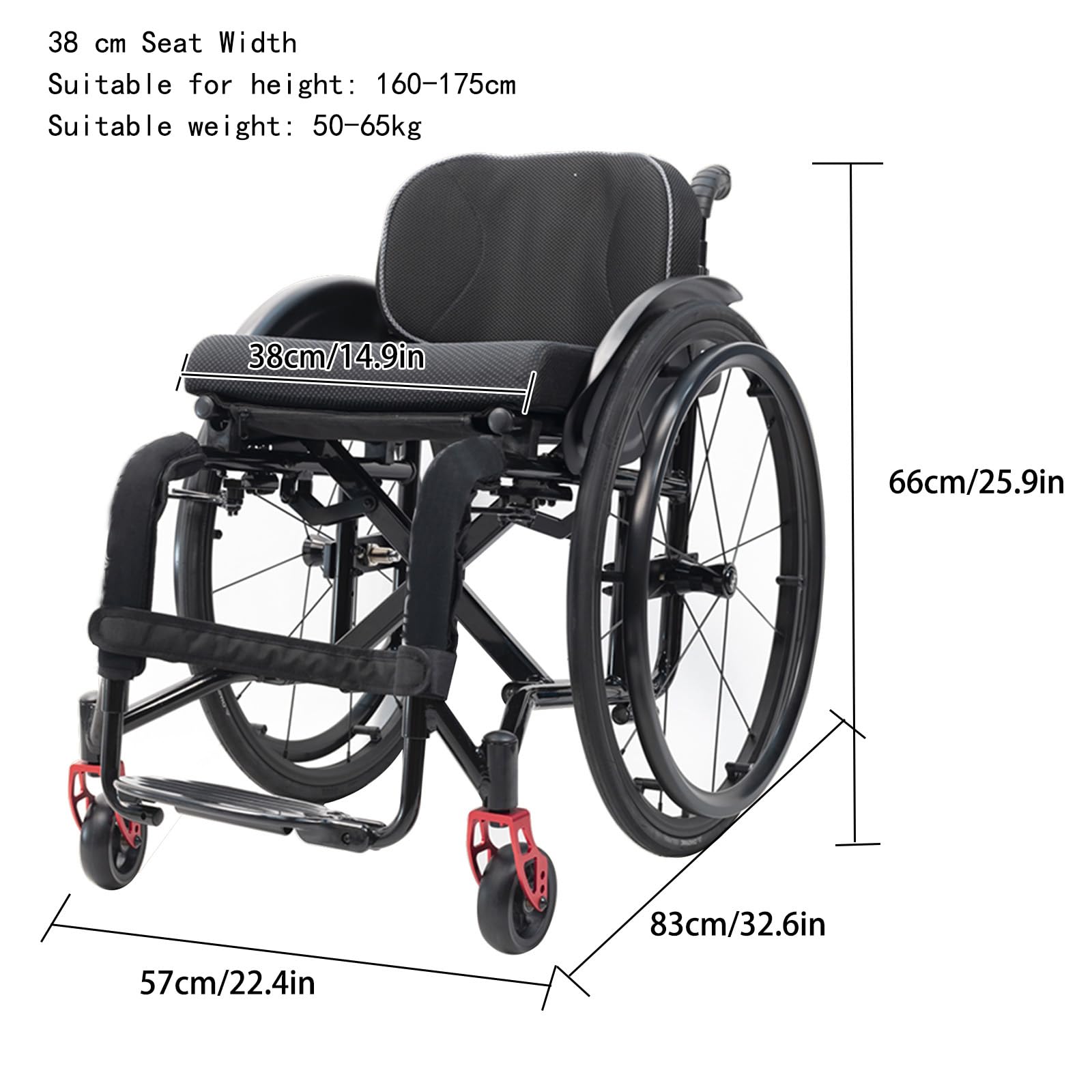 Silla de ruedas de Plegable ligera para deportes, Silla de ruedas de transporte de aluminio, Autopropulsable, portátil, para viajes (Seat width:38cm/14.9in,Black)