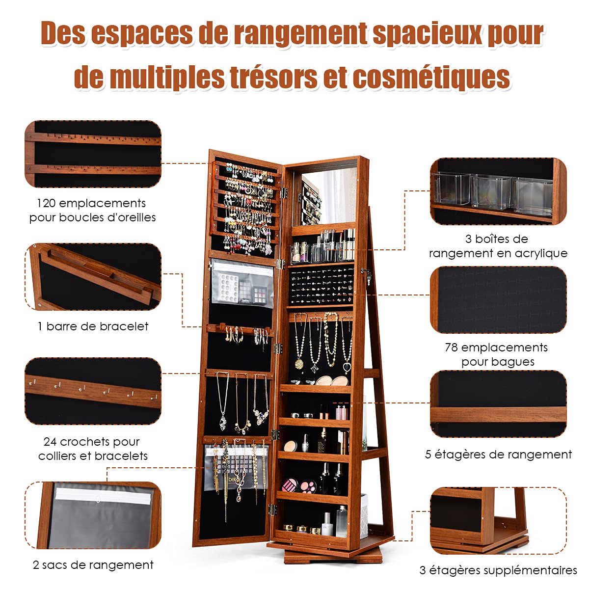 COSTWAY Armoire à Bijoux Pivotante à 360 Degrés, Organisateur de Bijoux sur Pieds, avec Grand Miroir Psyché et Etagère de Rangement à L’Arrière (Café)