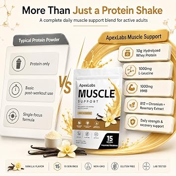 Muscle Support Protein Powder, Vanilla Flavor, High Protein Formula with Whey Protein Hydrolysate, L-Leucine, HMB, B12, Chromium & Rosemary Extract, 8.81 oz 15 Servings